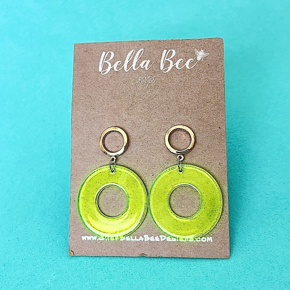 Bella Bee Neon Green Round Dangle Statement Earrings Pierced Gold Tone Funky